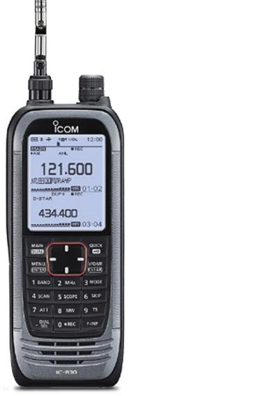<p>
	<strong>Communications Receiver</strong></p>
<p>
	The IC-R30 is Icom&#39;s latest wideband handheld receiver. Not only does it receive over a wide (0.1 to 3304.999 MHz) frequency range in AM, FM, WFM, USB, LSB and CW, but it can also decode digital modes including P25, NXDN, dPMR, D-STAR and Japanese domestic DCR.</p>
<p>
	<b>0.1&ndash;3304.999 MHz Wideband Coverage</b><br />
	The IC-R30 covers a wide frequency range from 0.1 to 3304.999 MHz in AM, FM, WFM, USB, LSB and CW as well as digital modes*. A ferrite bar antenna for AM broadcasts is built-in, and the earphone cable can be used as an external antenna for FM broadcasts. *SSB, CW and digital modes: 0.1 MHz&ndash;1.3 GHz. Usable frequencies and modes differ, depending on the selected A or B band. See specifications for details.</p>
<p>
	<b>Decodes Various Digital Modes</b><br />
	The IC-R30 decodes various digital modes, including P25 (Phase 1), NXDN, dPMR, D-STAR (Digital Smart Technology for Amateur Radio) and Japanese domestic DCR (Digital Convenience Radio).</p>
<p>
	<b>Dualwatch Operation</b><br />
	The radio can receive on different bands and different modes. For example, HF and UHF signals can be monitored simultaneously. You can scan for other active channels on the B band, while receiving the primary signal on the A band.</p>
<p>
	<b>Dual Band Recording Function</b><br />
	The audio of the two bands received while in the Dualwatch mode can be individually recorded onto a microSD card* in the WAV format. The recorded audio can be played back on the receiver or a PC. Also, frequency, mode, S-meter reading, time, current position data and altitude can be saved with received audio.<br />
	<small>* A microSD/microSD HC card is required.</small></p>
<p>
	<b>2.3 Inch Large LCD and Intuitive User Interface</b><br />
	A 2.3-inch large, dot-matrix display is used in the IC-R30. Screens with large amounts of information are clearly and logically arranged. The four-direction keypad provides straight-forward operation of all functions.</p>
<p>
	<b>Integrated GPS Receiver</b><br />
	The integrated GPS receiver displays your current position data, course, speed and altitude on display. GPS data can also be saved in recorded audio files. The IC-R30 can list up to 50 stations within 160 km; 99.4 miles from your current location*.<br />
	<small>* The position data of each station must be pre-programmed in the Memory channels.</small></p>
<p>
	<b>High Speed Scan &minus; 200 Channels/Second</b><br />
	The IC-R30 scans approximately 200 channels per second in the A band, and 150 channels per second in the B band. You can quickly find and lock into the desired signal. The IC-R30 has a variety of scan functions:<br />
	&bull; Near station scan: Using GPS location information and the Memory channels*, the IC-R30 can display and scan up to 50 stations within 160 km; 99.4 miles from your current location, in proximity order.<br />
	<small>* The position data of the stations must be programmed in advance.</small><br />
	&bull; Auto memory write scan: Automatically stores received frequencies (up to 200 Ch) during a programmed scan.<br />
	&bull; Priority Scan: Checks for signals on a frequency every 5 seconds, while operating on a VFO frequency or scanning.<br />
	&bull; Tone scan: Detects a sub-audible tone frequency or the DTCS code in a received signal.<br />
	&bull; Program scan, Memory scan, Memory mode scan, Group scan, Group link scan and more.<br />
	<b>Band Scope Function</b><br />
	The band scope function enables you to visually search a specified frequency range around the received signal and see the relative received signal strength level. You can jump to the desired signal on the band scope to set the radio to that frequency.</p>
<p>
	&nbsp;</p>
<p>
	<b>Speech Function</b><br />
	The Speech function reads out the operating frequency and mode when you rotate the dial knob or press the [SPEECH] button. This function is convenient for making radio adjustments with the Bluetooth headset without having to look at the radio.</p>
<p>
	<b>IP57 Waterproof Construction</b><br />
	The IC-R30 has IP57 waterproof protection (1 m depth of water for 30 minutes). It can be used in harsh outdoor environments. The radio also meets MIL-STD-810-G specifications.</p>
<p>
	<b>Up to 8.3 Hours of Battery Life</b><br />
	The supplied BP-287 Li-ion battery pack provides up to 8 hours and 20 minutes* of operation. The optional BP-293 battery case, with AA (LR6) alkaline cells, can be used as a convenient backup battery.<br />
	<small>* The Dualwatch function is ON (A band: continuously receiving, B band: standing by), the Power Save function is set to &ldquo;Auto (Short),&rdquo; the internal speaker&rsquo;s volume is set to &ldquo;20,&rdquo; the GPS function is ON, and the Bluetooth function is OFF.</small></p>
<p>
	<b>USB Charging and PC Connection</b><br />
	The built-in USB port has a range of convenient uses. You can charge the IC-R30 in approximately 5 hours*, carry out data transfer (including loading Memory channels) and CI-V remote control.<br />
	<small>* Using with a 1 A USB charger. The IC-R30 is Power OFF.</small></p>
<p>
	<b>microSD Card Slot for Voice and Data Storage</b><br />
	You can use a microSD card* for data storage. Recording/playback of received audio, RX history log, radio settings and GPS logger data can all be loaded onto the microSD card.<br />
	<small>* A microSD/microSDHC is required (up to 32 GB).</small></p>
<p>
	<b>Wireless Operation with Optional Bluetooth Headset</b><br />
	With the optional VS-3 Bluetooth&reg; headset, you can wirelessly listen to the received audio. The VS-3 has volume UP/DOWN buttons and four programmable buttons to remotely control certain functions.</p>
<p>
	<b><u>CS-R30 Optional Programming Software</u></b><br />
	Using the CS-R30, you can smoothly edit the following settings on a PC;<br />
	&bull; Memory Channels<br />
	&bull; Auto memory write channel groups<br />
	&bull; Program scan link name<br />
	&bull; Radio settings and digital settings<br />
	&bull; Groups<br />
	&bull; Scan edges<br />
	&bull; GPS memories<br />
	OS: Microsoft Windows10, Windows8.1 (* Except for Windows RT) or Windows7.</p>
<p>
	<b>And More:</b><br />
	&bull; Contains frequencies of UK D-STAR repeaters, UK FM repeaters and some broadcast AM stations (UK model only)<br />
	&bull; 2000 regular Memory channels (with an 8-character name)<br />
	&bull; DTCS and CTCSS tone squelch<br />
	&bull; VSC (Voice Squelch Control) (FM, FM-N, WFM, AM, AM-N)<br />
	&bull; AFC (Auto Frequency Control) (FM, FM-N, WFM)<br />
	&bull; Noise blanker (SSB, CW)<br />
	&bull; ANL (Auto Noise Limiter) (AM, AM-N)<br />
	&bull; RF gain control (10 steps)<br />
	&bull; ATT function (3 steps)<br />
	&bull; Key lock function<br />
	&bull; Monitor function<br />
	&bull; Power save function (3 steps)<br />
	&bull; Volume or frequency setting with dial or side buttons<br />
	&bull; Quick menu function<br />
	&bull; Clock</p>
<h2>
	Specification</h2>
<ul>
	<li class="bulletedListContent">
		0.1&ndash;3304.999 MHz Wideband Coverage</li>
	<li class="bulletedListContent">
		Decodes Various Digital Modes</li>
	<li class="bulletedListContent">
		Dualwatch Operation</li>
	<li class="bulletedListContent">
		Dual Band Recording Function</li>
	<li class="bulletedListContent">
		2.3 Inch Large LCD and Intuitive User Interface</li>
	<li class="bulletedListContent">
		Integrated GPS Receiver</li>
	<li class="bulletedListContent">
		High Speed Scan &minus; 200 Channels/Second</li>
	<li class="bulletedListContent">
		Contains frequencies of UK D-STAR repeaters, UK FM repeaters and some broadcast AM stations (UK model only)</li>
	<li class="bulletedListContent">
		IP57 Waterproof Construction</li>
	<li class="bulletedListContent">
		USB Charging and PC Connection</li>
	<li class="bulletedListContent">
		microSD Card Slot for Voice and Data Storage</li>
	<li class="bulletedListContent">
		Wireless Operation with Optional Bluetooth Headset</li>
</ul>
<p class="bulletedListContent">
	&nbsp;&nbsp;&nbsp;&nbsp;&nbsp;&nbsp;&nbsp;&nbsp;&nbsp; PRICE &euro;650</p>
<p class="bulletedListContent">
	<em><strong>&nbsp;&nbsp;&nbsp;&nbsp;&nbsp;&nbsp;&nbsp;&nbsp;&nbsp; </strong></em></p>
<p>
	&nbsp;</p>
