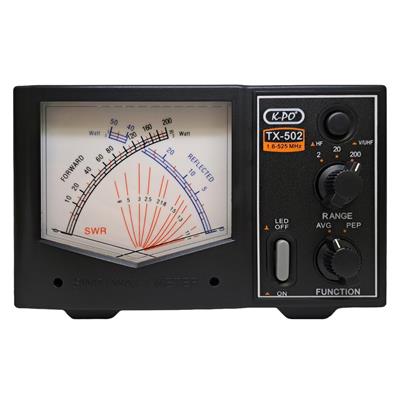 <p>
	The K-PO TX-502N is a highly accurate SWR and power cross-needle meter for the 1.6 &ndash; 525 MHz frequency range.</p>
<p>
	Our version is with UHF-female in- and output connectors for 1.6 - 200 MHz and N-female in- and output connectors for 125 - 525 MHz.</p>
<p>
	The large backlit cross-needle display makes it easy to read Forward Power, Reflected Power and SWR all at once.</p>
<p>
	The meter features an AVG/PEP switch to select between average power (AVG) and Peak Envelope Power (PEP), which is especially useful for SSB and AM transmissions.</p>
<p>
	The K-PO TX-502N supports up to 200 Watt of peak power (short time), ensuring reliable performance.</p>
<p>
	PRICE &euro;159</p>
<p>
	&nbsp;</p>
